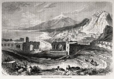 Ruinerna av den antika teatern i Taormina (Tauromenium), vid foten av berget Taurus, med utsikt över den moderna byn Giardini och Etna, teckning av Adolphe Rouargue (1810-187?) och Emile Rouargue (ca1795-1865) för att illustrera Felix Bourquelots dag av French School