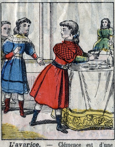 De sju dödssynden: girighet. Epinal avbildning sent 1800-tal. (I sette peccati o vizi capitali) av French School