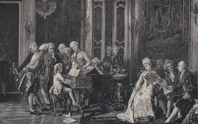 Den sjuårige Wolfgang Amadeus Mozart spelar inför kung George III i London, 1764 av French School