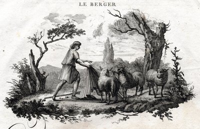 Herden. Fabel av Esope. (Grekisk författare Esopo eller Ecopus, 600-talet f.Kr.) Skriven av Guillaume Montfort och Gravees av Beauble 1801. av French School