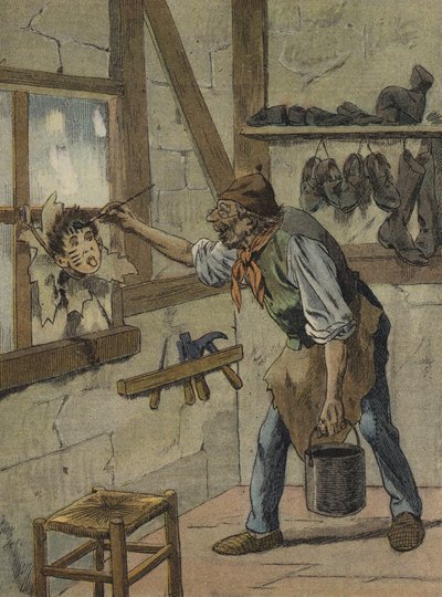Skomakaren markerade timmarna på figuren av den lilla Jeannot (färglitografi) av French School