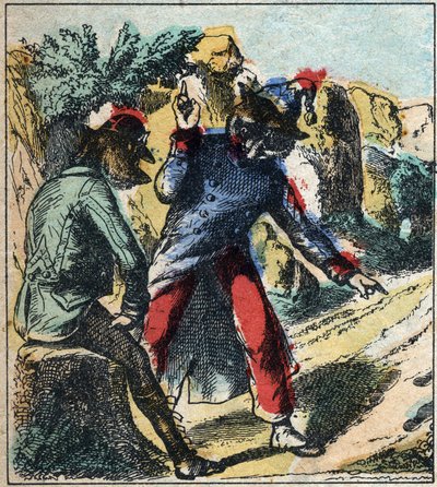 Det sjuka lejonet och räven. Fabler av Jean de La Fontaine (1621-95). Epinal avbildning från slutet av 1800-talet. av French School