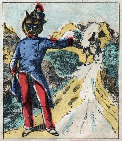 Det sjuka lejonet och räven. Fabler av Jean de La Fontaine (1621-95). Epinal avbildning från slutet av 1800-talet. av French School