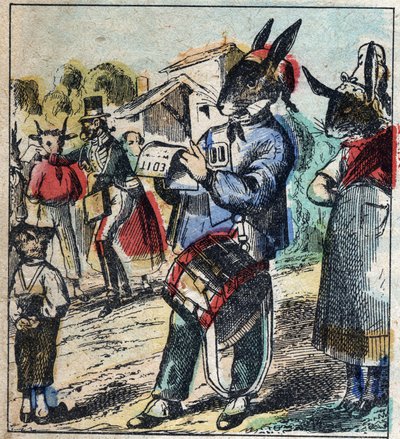 Det sjuka lejonet och räven. Fabler av Jean de La Fontaine (1621-95). Epinal avbildning från slutet av 1800-talet. av French School