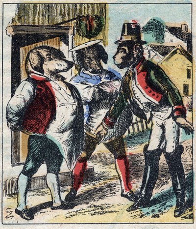 Det sjuka lejonet och räven. Fabler av Jean de La Fontaine (1621-95). Epinal avbildning från slutet av 1800-talet. av French School