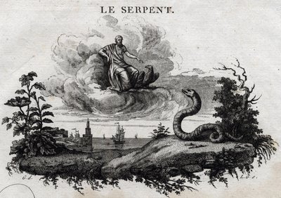 Ormen. Fabel av Esope. (Grekisk författare Esopo eller Ecopus, 600-talet f.Kr.) Skriven av Guillaume Montfort och Gravees av Beauble 1801. av French School