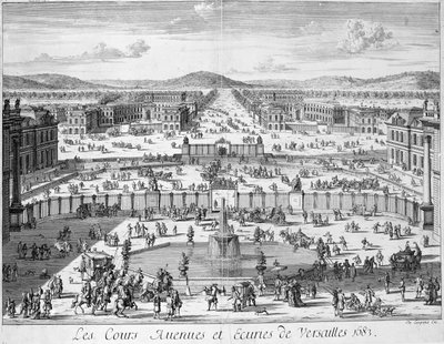 Versailles stall och portar sett från palatset, 1683 av French School