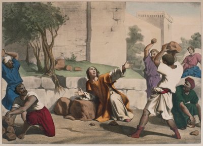 Steningen av St. Stephen, illustration från en katekes LHistoire Sainte, utgiven av Charles Delagrave, Paris, sent 1800-tal av French School
