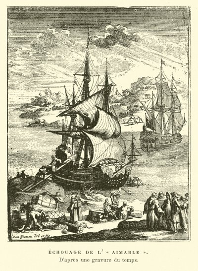 Strandningen av lAimable, Matagorda Bay, Texas, 1685 av French School