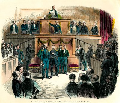 Svurningen av Ludvig Napoleon III (Louis-Napoleon), som officiellt utropades till republikens president, vid nationalförsamlingen den 20 december 1848. Han lovar "att förbli trogen den enda och odelbara demokratiska republiken och uppfylla alla av French School