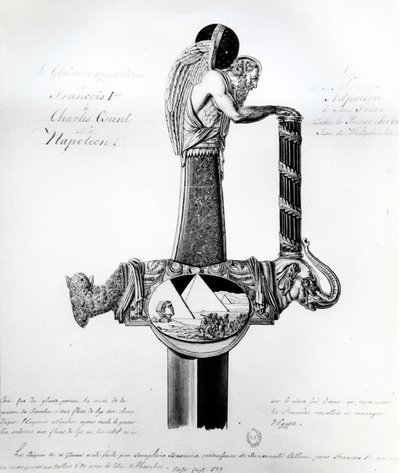Svärdet som ägs av Frans I av Frankrike, Karl V, den helige romerske kejsaren och Napoleon Bonaparte med motiv som representerar Napoleons kampanj i Egypten av French School