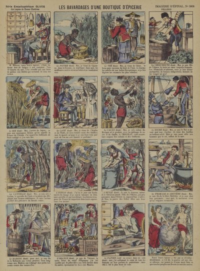 Berättelserna om produkterna i en livsmedelsbutik (färg litho) av French School