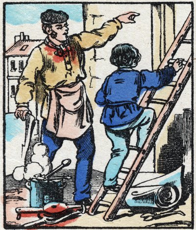 Den pirrande. Gravyr i "" La chanson des metier"". Epinal avbildning, sent 1800-tal. Privat samling av French School