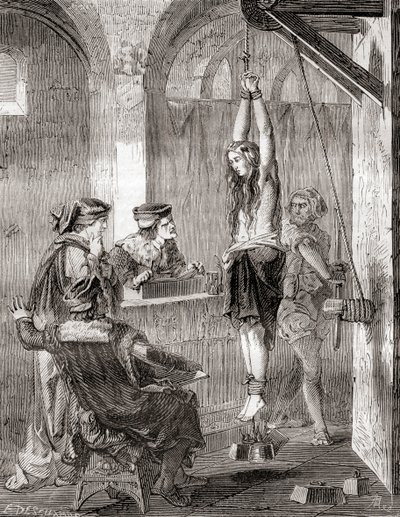 Tortyren av en kvinna anklagad för häxkonst under medeltiden, från Les Merveilles de la Science, publicerad ca 1870 (litho) av French School
