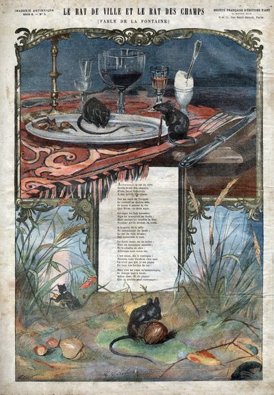 Stadsråttan och åkerråttan. Fabler av Jean de La Fontaine (1621-95). Illustration av slutet av 1800-talet. av French School