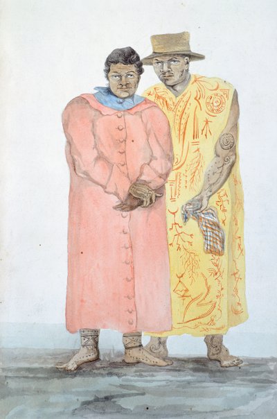 De två kungarna av Bora Bora, Illustration från Louis I Duperreys resa, av LF Lejeune, akvarellmålning av French School