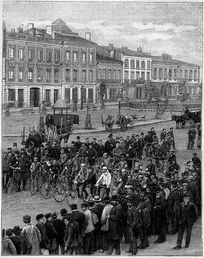Velocipederna tävlar från Bordeaux till Paris: velocipedisterna avgår från Bordeaux den 23 maj 1891, kl. 05.00, gravering i "" La Nature. Revue des sciences et de ses applications aux arts et a l