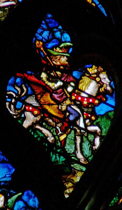 Fönstret med västrosen som visar en scen från Uppenbarelseboken: Abaddon eller Apollyon, den bottenlösa avgrundens ängel (9:11). av French School