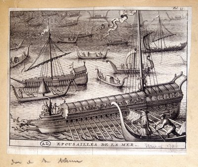 Fruarna till Dogen av Venedig med havet 1706 - gravyr av French School