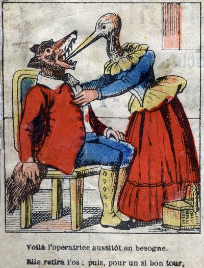 Vargen och storken. Fabler av Jean de La Fontaine (1621-95). Epinal avbildning från slutet av 1800-talet. av French School