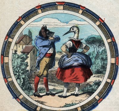 Vargen och storken. Fabler av Jean de La Fontaine (1621-95). Epinal avbildning från slutet av 1800-talet. av French School