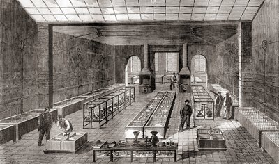 Verkstaden som innehåller de kemiska baden i Charles Christofles galvaniseringsanläggning, Paris, Frankrike 1867, från Les Merveilles de la Science, publicerad ca 1870 (gravyr) av French School