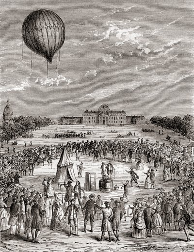 Världens första väteballong, uppskjuten över Champs de Mars, Paris, Frankrike 1783, från Les Merveilles de la Science, publicerad ca 1870 (gravyr) av French School
