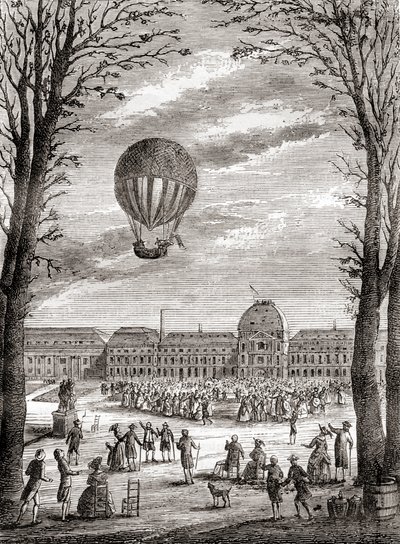 Världens första bemannade flygning med vätgasballong över Champs de Mars i Paris, Frankrike, den 1 december 1783, med Nicolas-Louis Robert och professor Jacques Charles som piloter, från Les Merveilles de la Science, publicerad ca 1870 (gravyr) av French School