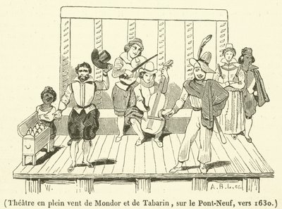 Teater i det fria i Mondor och Tabarin, på Pont-Neuf, omkring 1630 (gravyr) av French School