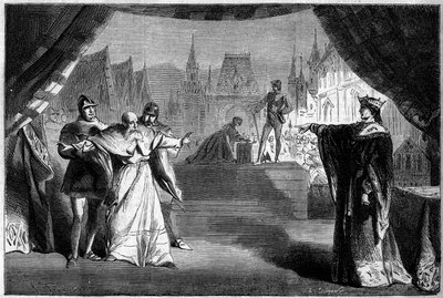 Teaterrepresentation: Akt II scen sju av "Franchdomarens dotter" av Adolphe Carcassonne (1826-1891). Theatre de Marseille av French School