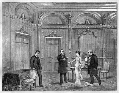 Teaterrepresentation: "" Jean Beaudry"" av Auguste Vacquerie (1819-1895). 4:e akten. Paris, Theatre Francais (Comedie Francaise). Gravyr från 1880 i "The Illustrious Republic"" privatsamling. av French School