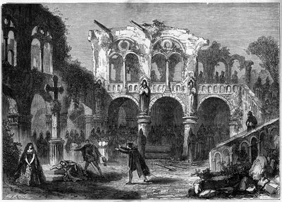 Teaterrepresentation: "The Funerailles of Honour" (akt VII, sista scen) av Auguste Vacquerie (1819-1895). Paris, Theatre de la Porte Saint Martin av French School