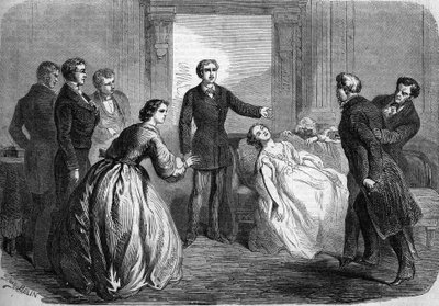 Teaterrepresentation av "" La Maratre"" (5:e akten, sista scen) av Honore de Balzac (1799-1850). Paris, Theatre du Vaudeville av French School