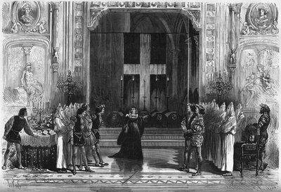 Teaterframställning: scen för kistorna i "Lucrece Borgia" av Victor Hugo (1802-1885). Paris, Theatre de la Porte Saint Martin av French School