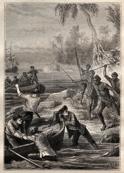 Dessa tillhandahölls så nära...: Kapten James Cooks resa (1728-1779) till Nya Zeeland 1769 - Nya Zeelands naturmän attackerar Cooks besättning när de närmar sig stranden - illustrationen hämtad från "The Great Mariners of the 18th century ” av French School
