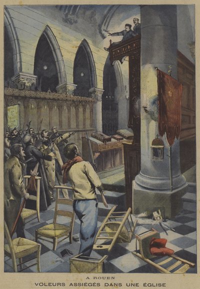 Tjuvar belägrade i en kyrka i Rouen (färg litho) av French School