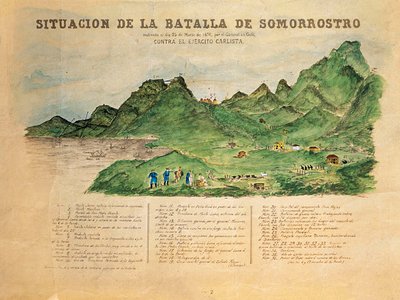 Tredje carlistkriget (1872-1876): beskrivning av slaget vid Somorrostro i Baskien den 25/03/1874 (gravyr) av French School