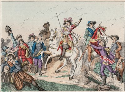 Trettioåriga krig (1618-1648): Prins Ludvig II av Bourbon Conde (Bourbon-Conde), känd som Grand Conde (1621-1686), hertig av Enghien, hälsade på liket av greven av Fontaine i slaget vid Rocroi (Rocroy) mot spanjorerna, 19 maj av French School
