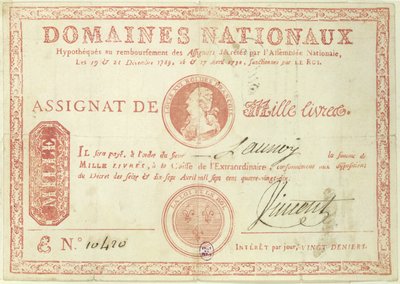 Tusen livre sedel med en bild av Ludvig XVI (1754-93) 1790 av French School