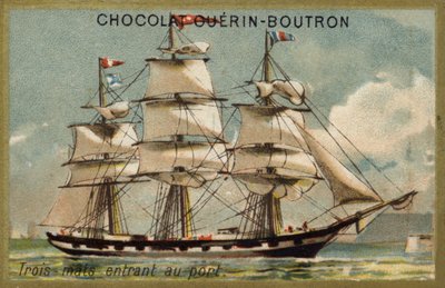 Tremastat segelfartyg anlöper hamn (chromolitho) av French School
