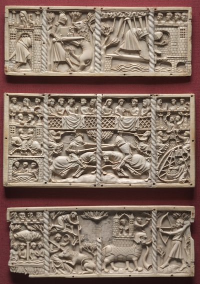 Tre paneler från en kista med scener från höviska romanser, ca 1330-1350 av French School