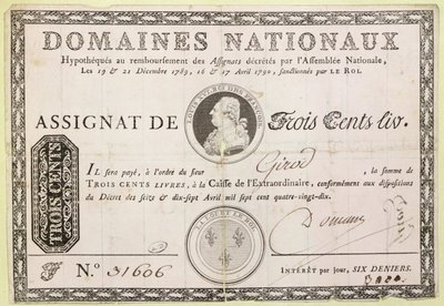 Trehundra livre sedel, 1790 (bläck på papper) av French School