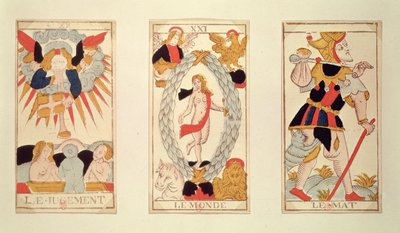 Tre tarotkort föreställande Judgement, The World och The Fool (färgad trästick) av French School