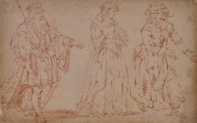 Tre teaterfigurer: King Lear, Cordelia och Maid av French School