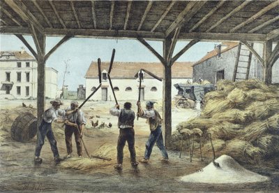 Att tröska majs, illustration från en skolbok Enseignement par les yeux, 1800-talets andra hälft av French School