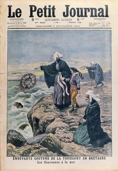 Att kasta kransar i havet på Allhelgonadagen i Bretagne, omslagsillustration från Le Petit Journal, 5 november 1911 av French School