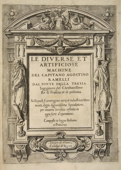 Titelsida, från Le Diverse Et Artificiose Machine Del Capitano Agostino Ramelli, pub. 1588 (gravyr) av French School