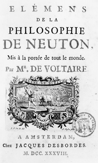 Titelsida för element i Newtons filosofi av Francois Marie Arouet Voltaire (1694-1778) Amsterdam, publicerad 1738 av French School