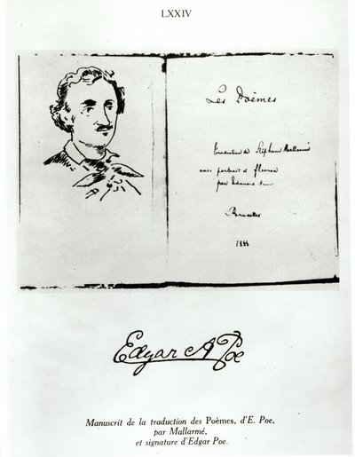 Titelsida av Les Poemes av Edgar Allan Poe (1809-49) översatt av Stephane Mallarme (1842-98) med ett porträtt av författaren, 1888 av French School