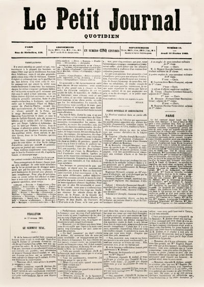 Titelsida på dagstidningen Le Petit Journal, 12 februari 1863 (tryckt) av French School